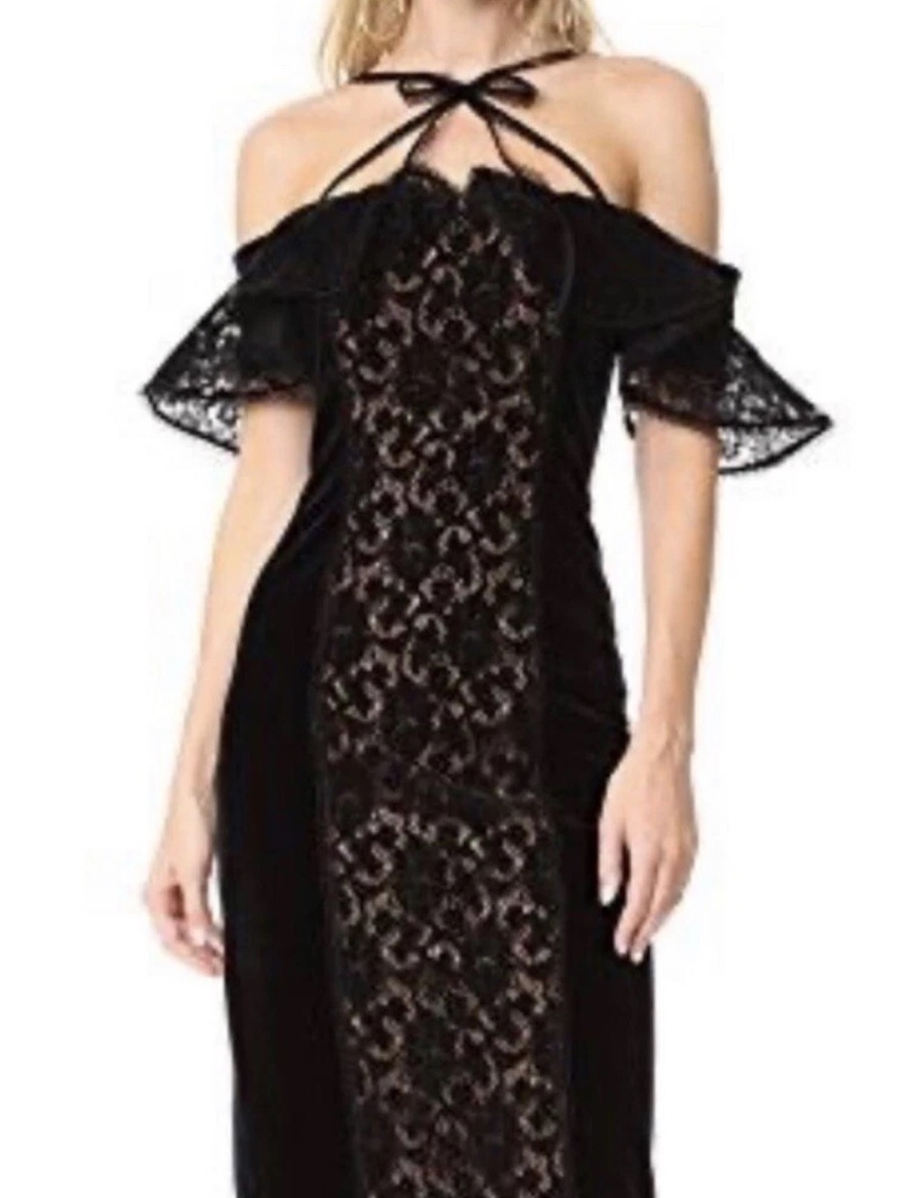 Marchesa Notte Black Lace-Panel Midi Dress with Velvet Trim. Fitted. Size S or 2